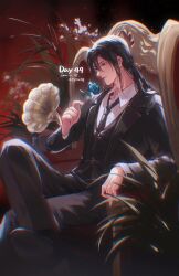 Rule 34 | 1boy, absurdres, bai liu, bishounen, black hair, black necktie, blue flower, blue rose, collared shirt, crossed legs, flower, highres, holding, holding flower, i became a god in a horror game, jacket, long hair, long sleeves, looking at another, male focus, necktie, pythatong, rose, shirt, sitting, solo, suit jacket, white shirt