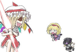 Rule 34 | 3girls, alice margatroid, blonde hair, blush, crystal, dress, energy sword, female focus, flandre scarlet, flying, hairband, hat, hidden eyes, holding, holding weapon, kirisame marisa, looking back, lowres, mob cap, multiple girls, red dress, shaded face, short hair, sword, touhou, weapon, wings, witch hat