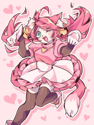 Rule 34 | 1girl, animal ears, bell, black thighhighs, boots, breasts, cat ears, cat tail, gloves, hair bell, hair ornament, highres, mad mew mew, magical girl, medium breasts, one eye closed, pink hair, skirt, solo focus, tail, thighhighs, twintails, undertale, white gloves