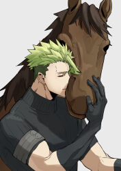 Rule 34 | 1boy, achilles (fate), animal, animal hug, armor, black gloves, black shirt, brown horse, closed eyes, fate/apocrypha, fate (series), gloves, green hair, grey background, haruakira, highres, horse, male focus, muscular, muscular male, ribbed shirt, shirt, simple background, smile, solo, undercut, upper body