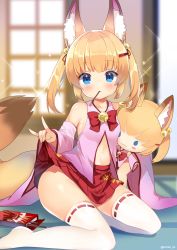 Rule 34 | 1girl, animal ears, bell, blonde hair, blue eyes, character doll, clothes lift, detached sleeves, food, fox ears, fox tail, hair ornament, hairclip, jingle bell, kemomimi oukoku kokuei housou, kneeling, kurot, lifted by self, long hair, looking at viewer, mikoko (kemomimi oukoku kokuei housou), miniskirt, mouth hold, navel, open clothes, open shirt, pink shirt, pocky, red skirt, shirt, skirt, skirt lift, solo, sparkle, stuffed toy, tail, thighhighs, thighs, twintails, virtual youtuber, white thighhighs, window, zettai ryouiki