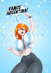 Rule 34 | 1girl, 2022, 2022 fifa world cup, argentina, argentinian flag, argentinian flag print, blue hair, bouncing breasts, breasts, cheering, clenched hands, confetti, flag print, happy, huge breasts, long hair, multicolored hair, open mouth, orange hair, original, shirt, simple background, smile, soccer uniform, solo, spanish text, sportswear, striped clothes, striped shirt, translated, two-tone shirt, vertical-striped clothes, vertical-striped shirt, white hair, wide hips, world cup