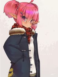 Rule 34 | 1girl, ahoge, bad id, bad pixiv id, black pantyhose, blue coat, blush, closed mouth, coat, cowboy shot, eyes visible through hair, fur trim, grey background, hair ornament, hair scrunchie, hands in pockets, iraruju, iriam, long pointy ears, long sleeves, looking at viewer, mole, mole under eye, open clothes, open coat, pantyhose, pink eyes, pink hair, plaid, plaid scarf, pointy ears, red scarf, red scrunchie, ribbed sweater, scarf, scrunchie, short hair, signature, smile, solo, standing, sweater, tanyatonya, twintails, virtual youtuber, white sweater