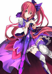 Rule 34 | 1girl, armor, blush, boots, bow, bracelet, character request, crystal, dress, hair between eyes, hair bow, jewelry, kai-ri-sei million arthur, long hair, looking at viewer, million arthur (series), ponytail, puffy short sleeves, puffy sleeves, purple bow, purple dress, red eyes, red hair, short sleeves, side ponytail, simple background, solo, sword, thigh boots, thighhighs, usalxlusa, wavy mouth, weapon, white background, zettai ryouiki