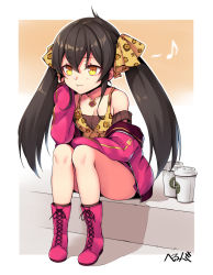 Rule 34 | 1girl, :&gt;, animal print, artist name, black hair, black socks, boots, breasts, camisole, cleavage, closed mouth, collarbone, cross-laced footwear, hand up, heart, heart necklace, hsuliherng, idolmaster, idolmaster cinderella girls, jacket, jewelry, lace-up boots, legs together, long hair, matoba risa, musical note, necklace, open clothes, open jacket, purple socks, quaver, sidelocks, signature, small breasts, socks, solo, starbucks, thighs, twintails, yellow eyes