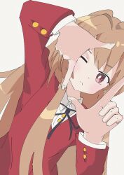 Rule 34 | 1girl, absurdres, aisaka taiga, black ribbon, blazer, brown eyes, brown hair, closed mouth, collared shirt, commentary, english commentary, finger frame, highres, jacket, light blush, long hair, long sleeves, looking at viewer, neck ribbon, nhan (13 nhan), one eye closed, oohashi high school uniform, red jacket, ribbon, school uniform, shirt, simple background, solo, toradora!, upper body, white background, white shirt