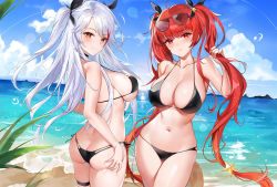 Rule 34 | 2girls, ahoge, ass, azur lane, bare arms, bare shoulders, beach, bikini, black bikini, black choker, blue sky, breasts, butt crack, choker, cleavage, cloud, collarbone, cowboy shot, day, emyo, eyewear on head, from behind, groin, hair ornament, hair ribbon, halterneck, hand up, holding, holding own hair, honolulu (azur lane), honolulu (summer accident?!) (azur lane), large breasts, lens flare, long hair, looking at viewer, looking back, mole, mole on breast, multi-strapped bikini, multicolored hair, multiple girls, navel, ocean, outdoors, parted lips, prinz eugen (azur lane), prinz eugen (unfading smile) (azur lane), red eyes, red hair, ribbon, side-tie bikini bottom, skindentation, sky, smile, star (symbol), star hair ornament, stomach, strap gap, streaked hair, string bikini, sunglasses, swimsuit, thigh strap, thighs, twintails, two side up, very long hair, water, wet, white hair