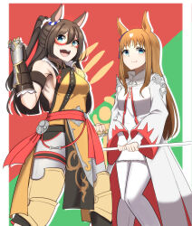 Rule 34 | 2girls, alternate costume, animal ears, armor, armpits, bare shoulders, border, breasts, brown hair, clenched hand, commentary request, cowboy shot, domino mask, dress, ear ornament, el condor pasa (umamusume), feet out of frame, grass wonder (umamusume), green background, hair between eyes, highres, holding, holding staff, horse ears, horse girl, horse tail, janome de omukae, long hair, mask, medium breasts, multicolored hair, multiple girls, open mouth, pantyhose, ponytail, red background, sideboob, smile, staff, streaked hair, tail, two-tone background, umamusume, white border, white dress, white hair, white pantyhose, wide sleeves, yellow dress