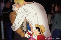 Rule 34 | 3boys, black hair, blonde hair, clueless, crocodile (one piece), crowd, cup, dark-skinned male, dark skin, disposable cup, donquixote doflamingo, drinking, facial hair, hair slicked back, height difference, kiss, male focus, mature male, mg cls, monkey d. luffy, multiple boys, mustache, one piece, open clothes, open shirt, parody request, sanpaku, scar, scar on face, scar on nose, short hair, stitches, sunglasses, third wheel, wide-eyed, yaoi