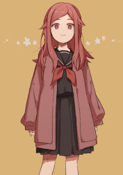 Rule 34 | 1girl, arms at sides, black skirt, closed mouth, feet out of frame, jacket, kunichika yuu, long hair, long sleeves, looking at viewer, miniskirt, nana 0253, neckerchief, pleated skirt, puffy long sleeves, puffy sleeves, red eyes, red hair, red jacket, red neckerchief, school uniform, serafuku, simple background, skirt, smile, solo, standing, world trigger, yellow background