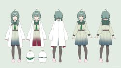 Rule 34 | 1girl, absurdres, ahoge, brown pantyhose, brown shirt, brown skirt, closed mouth, commentary request, green background, green eyes, green hair, hair between eyes, hair over shoulder, highres, lab coat, leaf, leaf on head, long hair, long sleeves, looking at viewer, low twintails, midorikawa you, multiple views, open clothes, original, pantyhose, pink footwear, pleated skirt, puffy long sleeves, puffy sleeves, shirt, shoe soles, simple background, skirt, sleeves past fingers, sleeves past wrists, slippers, smile, standing, twintails