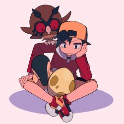 Rule 34 | 1boy, backwards hat, black eyes, black hair, closed mouth, commentary, creatures (company), cyndaquil, egg, ethan (pokemon), game freak, gen 2 pokemon, hand up, hat, head rest, highres, hoothoot, jacket, long sleeves, male focus, nintendo, pokemon, pokemon (creature), pokemon egg, pokemon gsc, red footwear, red jacket, red socks, shoes, short hair, shorts, sitting, socks, symbol-only commentary, tyako 089, yellow shorts