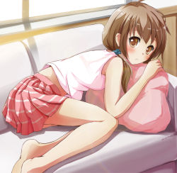 Rule 34 | 1girl, bare legs, barefoot, blush, brown eyes, brown hair, couch, feet, fetal position, highres, looking at viewer, ok-ray, original, pillow, pleated skirt, skirt, sleeveless, solo
