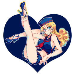 Rule 34 | 1girl, :q, blonde hair, blue eyes, blue footwear, blue hat, blue skirt, blush, breasts, curly hair, full body, hair between eyes, hat, heart, high heels, kusanagi tonbo, large breasts, long hair, navel, neckerchief, original, red neckerchief, sailor collar, sailor hat, sideboob, simple background, skirt, smile, solo, tongue, tongue out