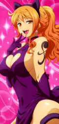 Rule 34 | 1girl, animal ears, arm tattoo, bare shoulders, breasts, cat ears, cat girl, cat tail, cleavage cutout, clothing cutout, collar, covered erect nipples, dress, female focus, gloves, hairu, heart, heart cutout, large breasts, long hair, looking at viewer, matching hair/eyes, nami (one piece), no bra, one piece, open mouth, orange eyes, orange hair, ponytail, sideboob, smile, solo, sparkle, star (symbol), tail, tattoo