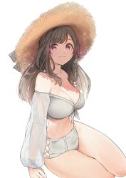 Rule 34 | 1girl, absurdres, bare shoulders, blush, breasts, brown hair, cleavage, closed mouth, detached sleeves, hat, highres, idolmaster, idolmaster shiny colors, large breasts, long sleeves, looking at viewer, medium hair, pekoni (peconi), pink eyes, see-through, see-through sleeves, simple background, smile, solo, straw hat, thighs, tsukioka kogane, white background