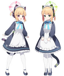 Rule 34 | 2girls, :d, absurdres, animal ear headphones, animal ears, apron, black dress, black footwear, blonde hair, blue archive, blue bow, blue bowtie, blunt bangs, blush, boots, bow, bowtie, cat ear headphones, cat ears, cat girl, cat tail, closed mouth, collared dress, commentary, dress, expressionless, fake animal ears, frilled apron, frilled dress, frills, full body, gogoco, green eyes, hair bow, halo, headphones, highres, long sleeves, looking at viewer, low ponytail, maid, maid headdress, midori (blue archive), midori (maid) (blue archive), momoi (blue archive), momoi (maid) (blue archive), multiple girls, official alternate costume, open mouth, pantyhose, ponytail, puffy long sleeves, puffy sleeves, purple bow, purple eyes, shoes, short hair, short ponytail, siblings, sidelocks, simple background, sisters, smile, standing, tail, tamagotchi, twins, v-shaped eyebrows, waist apron, white apron, white background, white pantyhose
