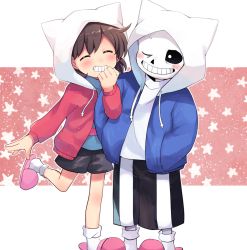 Rule 34 | 1boy, 1girl, animal hood, black shorts, blue hoodie, blue shirt, blush, brown hair, cat hood, closed eyes, frisk (undertale), full body, hand in pocket, hand up, hood, hoodie, leg up, long sleeves, looking at another, one eye closed, pink background, pink hoodie, pink legwear, red hoodie, sans (undertale), shirt, short hair, short shorts, shorts, skeleton, smile, socks, standing, star (sky), striped clothes, striped shirt, undertale, white background, white hood, white legwear, white shirt, xox xxxxxx