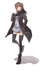 Rule 34 | 10s, 1girl, belt boots, black coat, black footwear, black scarf, black thighhighs, blue dress, boots, breasts, brown eyes, brown hair, buttons, closed mouth, coat, die (die0118), double-breasted, dress, full body, garter straps, girls und panzer, hair between eyes, hand in pocket, head tilt, long hair, long sleeves, looking at viewer, md5 mismatch, microdress, mika (girls und panzer), open clothes, open coat, scarf, shade, shadow, simple background, smile, solo, standing, standing on one leg, thighhighs, white background