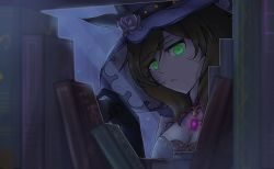 Rule 34 | 1girl, amulet, blurry, blurry background, book, brown hair, closed mouth, collar, dark, depth of field, flower, genshin impact, green eyes, hand up, hat, highres, indoors, knottt, lisa (genshin impact), long hair, looking at viewer, rose, upper body, witch hat