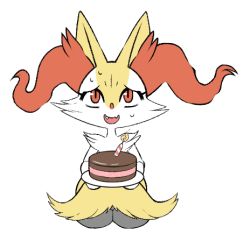 Rule 34 | 1girl, animal ear fluff, animal ears, box (hajimeyou654), braixen, cake, candle, cowboy shot, creatures (company), cropped legs, fang, female focus, fire, food, fox ears, fox tail, furry, furry female, game freak, gen 6 pokemon, highres, looking up, nervous, nintendo, open mouth, plate, pokemon, pokemon (creature), red eyes, simple background, smile, solo, sweat, tail, white background