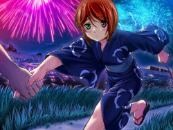 Rule 34 | 00s, 1girl, aerial fireworks, blush, boku, brown hair, fireworks, healthy, heterochromia, holding hands, japanese clothes, out of frame, outdoors, rozen maiden, ryoujoku kikou, sandals, short hair, solo focus, souseiseki, third-party edit, zouri