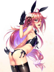 Rule 34 | 10s, 1girl, ;d, ahoge, animal ears, ass, bikini, black gloves, black thighhighs, blush, breasts, rabbit hair ornament, crescent, crescent hair ornament, detached collar, fake animal ears, gloves, h kasei, hair ornament, hair ribbon, highres, kantai collection, leotard, long hair, looking at viewer, one eye closed, open mouth, playboy bunny, rabbit ears, rabbit tail, red eyes, red hair, ribbon, side-tie bikini bottom, small breasts, smile, solo, swimsuit, tail, thighhighs, uzuki (kancolle), very long hair