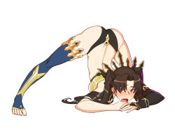 Rule 34 | 1girl, arm rest, armlet, ass, bikini, black thighhighs, blush, bracelet, breasts, brown hair, detached sleeves, earrings, fate/grand order, fate (series), flexible, gold trim, hair ribbon, hands on ground, highres, hoop earrings, hyperbudd, ishtar (fate), jack-o&#039; challenge, jewelry, legs, long hair, looking at viewer, medium breasts, meme, mismatched bikini, neck ring, open mouth, parted bangs, red eyes, ribbon, single detached sleeve, single thighhigh, solo, spread legs, stretching, swimsuit, thighhighs, thighlet, tiara, top-down bottom-up, two side up, wide spread legs
