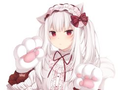 Rule 34 | amashiro natsuki, animal ears, animal hands, bad id, bad pixiv id, blouse, blush, breasts, cat ears, cat girl, cat tail, commentary request, gloves, hairband, lolita hairband, long hair, looking at viewer, original, paw gloves, red eyes, shirt, sidelocks, simple background, small breasts, solo, tail, twintails, upper body, white background, white hair