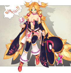 Rule 34 | 1girl, :d, animal ears, anklet, bare shoulders, beads, black thighhighs, blonde hair, braid, breasts, bursting breasts, center opening, cleavage, collarbone, detached sleeves, drooling, english text, envenomist (gengoroumaru), eye contact, facial mark, floral print, flower, forehead mark, full body, gem, green eyes, grey background, hair flower, hair ornament, heart, high heels, highres, holding, holding weapon, jewelry, large breasts, leg warmers, looking at another, lots of jewelry, lucent heart, miniskirt, navel, necklace, no bra, open mouth, orange hair, reiya (lucent heart), saliva, shadow, short twintails, side braid, side slit, simple background, skindentation, skirt, smile, staff, star (symbol), tassel, thigh gap, thighhighs, tongue, tongue out, twin braids, twintails, weapon, wide sleeves
