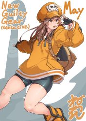 Rule 34 | 1girl, anchor, ankle boots, arc system works, backpack, bag, bike shorts, black gloves, boots, brown eyes, brown hair, commentary request, fingerless gloves, flat chest, gloves, guilty gear, guilty gear strive, hat, hood, hood down, hoodie, long hair, may (guilty gear), neone, orange hat, orange hoodie, orange shirt, pirate hat, shirt, skull and crossbones, solo