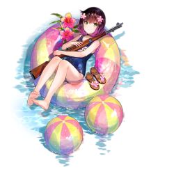 Rule 34 | 1girl, afloat, ball, barefoot, beachball, blush, bob cut, brown footwear, cherry blossoms, closed mouth, feet, flower, footwear flower, fuzichoco, girls&#039; frontline, green eyes, gun, hair flower, hair ornament, holding, holding gun, holding weapon, innertube, light frown, looking at viewer, lying, official alternate costume, official art, on back, one-piece swimsuit, pink flower, purple hair, sandals, school swimsuit, short hair, simple background, soles, solo, swim ring, swimsuit, toenails, toes, transparent background, transparent sailor collar, type 4 (cape no. 4) (girls&#039; frontline), type 4 (girls&#039; frontline), type 4 rifle, unworn sandals, water, weapon, wet