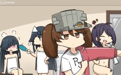 Rule 34 | 4girls, @ @, ahoge, ariake (kancolle), bench, black hair, brown eyes, clothes writing, commentary request, convenient arm, convenient censoring, dated, door, dual persona, closed eyes, fanning, ghost, hair over one eye, hamu koutarou, hand fan, hayashimo (kancolle), highres, jacket, kantai collection, long hair, multiple girls, navel, nude, one-hour drawing challenge, paper fan, red jacket, ryuujou (kancolle), shirt, smile, t-shirt, towel, track jacket, triangular headpiece, twintails, uchiwa, undressing, upper body, very long hair, visor cap, white towel, x navel