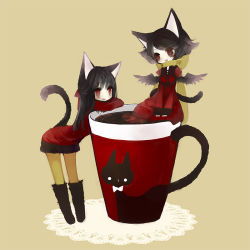 Rule 34 | 2girls, :d, animal ears, bad id, bad pixiv id, cat, cat ears, cat tail, chibi, cup, dress, in container, in cup, komeko meko (mecolate), mini person, minigirl, multiple girls, open mouth, original, pantyhose, smile, tail, v arms, yellow pantyhose