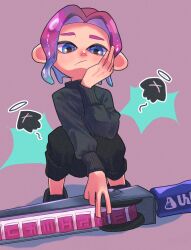 Rule 34 | 1boy, black footwear, black pants, black sweater, blue eyes, blue hair, commentary request, full body, gradient hair, highres, inkling (language), multicolored hair, nastar r0, nintendo, octoling, octoling boy, octoling player character, pants, pink hair, purple background, shoes, short hair, solo, splatana stamper (splatoon), splatoon (series), splatoon 3, squatting, sweater, sword, tentacle hair, two-tone hair, unamused, weapon