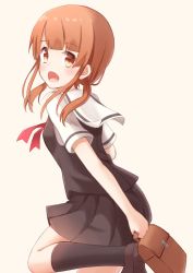Rule 34 | 1girl, bag, black socks, blush, breasts, brown eyes, brown hair, from side, highres, holding, holding bag, kapatarou, kneehighs, leg up, loafers, long hair, looking at viewer, looking back, low twintails, open mouth, original, pleated skirt, school uniform, serafuku, shoes, short sleeves, simple background, skirt, small breasts, socks, solo, standing, standing on one leg, twintails