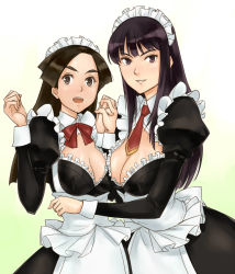 Rule 34 | 2girls, apron, bad id, bad pixiv id, bow, breast press, breasts, brown eyes, brown hair, cleavage, gus (clarkii), holding hands, large breasts, maid, maid apron, maid headdress, multiple girls, necktie, open mouth, original, purple eyes, purple hair, simple background, smile