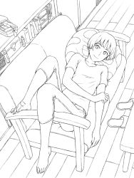 Rule 34 | 1girl, barefoot, couch, feet, gake no ue no ponyo, jas (littlecrime), lisa (ponyo), looking at viewer, lying, monochrome, shoes, short hair, slippers, smile, toes, unworn shoes