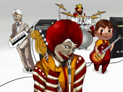 Rule 34 | 1girl, 3boys, :q, afro, amplifier, bass guitar, burger king, clown, colonel sanders, creepy, crown, don&#039;t say &quot;lazy&quot;, drum, drum set, eroke, glasses, guitar, head tilt, horror (theme), instrument, k-on!, keyboard, keytar, kfc, mcdonald&#039;s, microphone, microphone stand, multiple boys, parody, peko-chan, ronald mcdonald, satire, speaker, striped, the king, tongue, tongue out, what