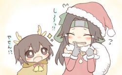 Rule 34 | 10s, 2girls, animal costume, antlers, bell, brown hair, chibi, commentary request, flying sweatdrops, gloves, hat, headband, horns, jako (jakoo21), jintsuu (kancolle), kantai collection, long hair, multiple girls, reindeer antlers, reindeer costume, sack, santa costume, santa hat, sendai (kancolle), sendai hakurei no miko, short hair, short twintails, sparkling eyes, tears, translated, twintails, twitter username