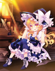 Rule 34 | 1girl, apron, blonde hair, blush, book, braid, chibi, feathers, female focus, gloves, hands on headwear, hat, inkwell, kirisame marisa, open mouth, quill, shinia, shirt, sitting, skirt, skirt set, solo, table, touhou, white gloves, witch, witch hat, yellow eyes