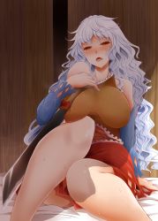 Rule 34 | 1girl, arano oki, bare shoulders, blush, breasts, detached sleeves, dress, half-closed eyes, hatchet, large breasts, long hair, long sleeves, looking at viewer, multicolored clothes, multicolored dress, nata (tool), open mouth, red eyes, sakata nemuno, silver hair, sitting, solo, sunlight, sweat, touhou, very long hair, wavy hair