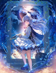 Rule 34 | 1girl, bare legs, black cape, blue eyes, blue footwear, blue hat, blue theme, blush, boots, cape, dress, frilled dress, frills, from side, full body, glowing, grey hair, hat, high heel boots, high heels, highres, holding, holding palette, holding suitcase, komorihikki, light particles, long bangs, long hair, long sleeves, looking at viewer, moon, night, night sky, original, outdoors, outside border, paintbrush, palette (object), parted lips, picture frame, sidelocks, sky, solo, star (sky), starry sky, suitcase, white dress, witch, witch hat