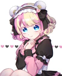 Rule 34 | 1girl, amauri miruki, amauri miruki (primagista), animal ears, bear ears, blonde hair, blue eyes, blush, closed mouth, colored eyelashes, commentary request, dress, fake animal ears, frilled hairband, frills, hairband, hands up, heart, interlocked fingers, long sleeves, looking at viewer, multicolored hair, own hands together, pink dress, pink hair, pretty series, puffy sleeves, short hair, sitting, smile, solo, streaked hair, waccha primagi!, white background, white hairband, yunomikuchi