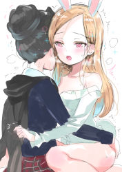 Rule 34 | 2girls, animal ears, ass grab, bad id, bad pixiv id, black cape, black hair, black jacket, blazer, blonde hair, cape, cape grab, cat ears, cat tail, commentary request, dress shirt, elin, emily (pure dream), forehead, hair bun, hand on another&#039;s ass, heavy breathing, highres, hug, jacket, legs, long hair, moaning, multiple girls, no pants, off shoulder, open mouth, plaid, plaid skirt, rabbit ears, rabbit tail, red eyes, red skirt, shirt, single hair bun, sketch, skirt, tail, tera online, thighs, white shirt, yuri