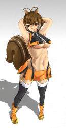 Rule 34 | 1girl, animal ears, arc system works, armpits, blazblue, blazblue: continuum shift, boots, breasts, brown eyes, brown hair, chipmunk, female focus, full body, gradient background, highres, large breasts, leggings, makoto nanaya, skirt, smile, solo, squirrel, standing, tail, underboob, white background