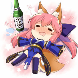 Rule 34 | 10s, 1girl, = =, alcohol, animal ears, blue bow, blush, bottle, bow, chibi, closed eyes, detached sleeves, drooling, drunk, fate/extra, fate (series), fox ears, fox tail, full-face blush, full body, gradient background, hair bow, highres, japanese clothes, long hair, lying, on back, outstretched arms, pelvic curtain, pink background, pink hair, purple thighhighs, sake, sake bottle, shoes, smile, solo, star (symbol), starry background, subaru (794829485), sweatdrop, tail, tamamo (fate), tamamo no mae (fate/extra), thighhighs, white background