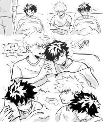 Rule 34 | 2boys, bakugou katsuki, blanket, boku no hero academia, closed eyes, closed mouth, comic, commentary, daniartonline, english commentary, english text, freckles, greyscale, highres, looking at another, male focus, midoriya izuku, monochrome, multiple boys, open mouth, shirt, short hair, short sleeves, simple background, sitting, sleeping, sleeping on person, smile, speech bubble, spiked hair, t-shirt, white background