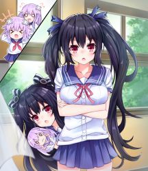 Rule 34 | annoyed, black hair, breasts, collar, crossed arms, excited, flustered, giga-tera, hair between eyes, hair ornament, hairclip, happy, highres, leggings, long hair, medium breasts, neck, nepgear, neptune (neptunia), neptune (series), noire (neptunia), open mouth, puppet, purple hair, red eyes, ribbon, shirt, short hair, siblings, sisters, skirt, small breasts, stuffed toy, surprised, thighs, tsundere, twintails, two side up, uni (neptunia)