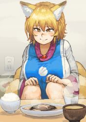 Rule 34 | 1girl, absurdres, animal ears, blonde hair, bowl, breasts, chanta (ayatakaoisii), closed mouth, commentary request, electrical outlet, food, fox ears, fox tail, hair between eyes, highres, indoors, large breasts, long sleeves, looking at viewer, multiple tails, no headwear, plate, rice, short hair, sitting, slit pupils, smile, solo, steam, tail, touhou, yakumo ran, yellow eyes